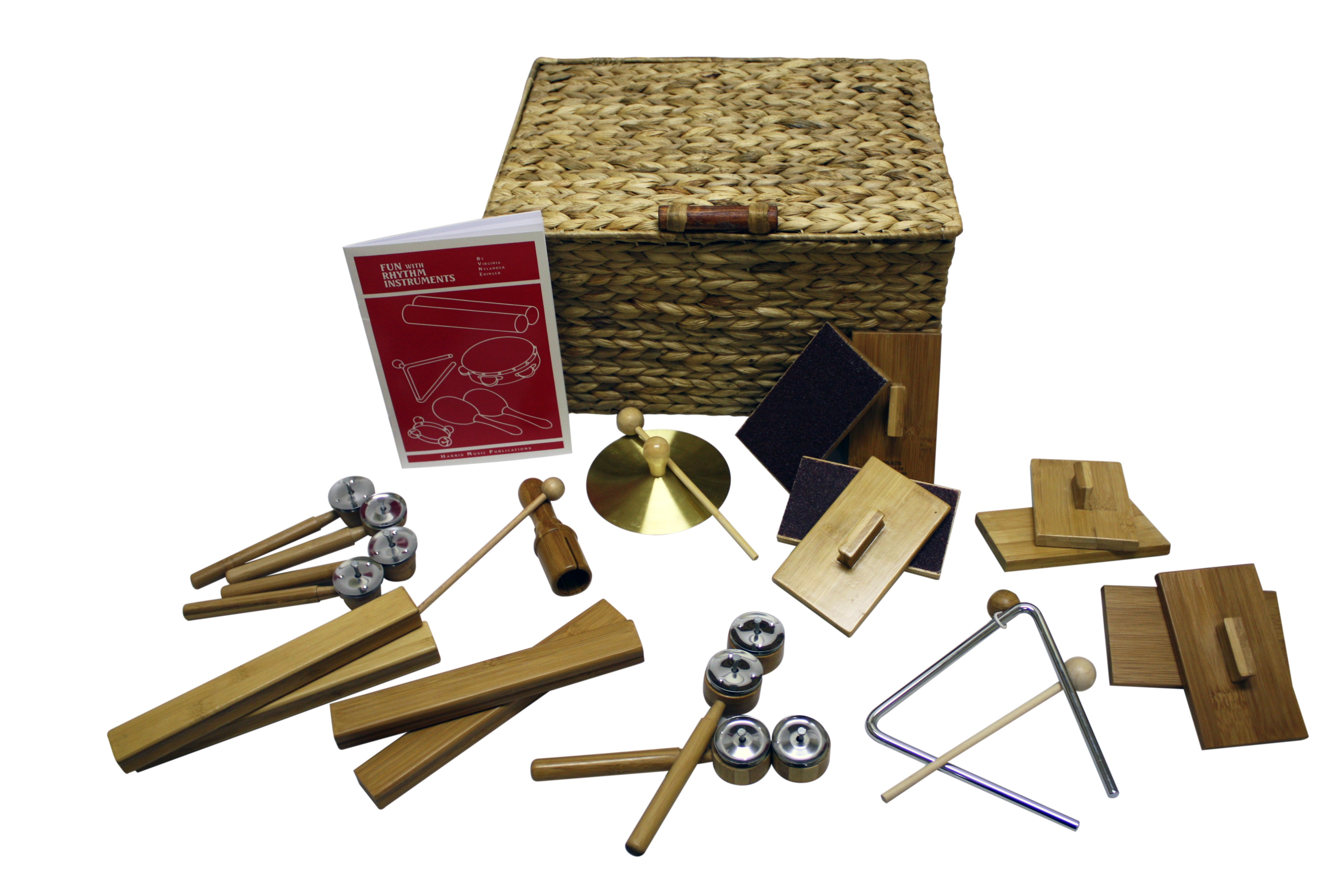 Four Piece Orff Percussion Set - Rhythmic Sticks, Hand Bell, Sand